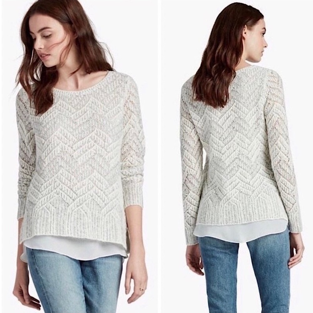 LUCKY BRAND Chevron Metallic Ivory‎ Knit Layered Chiffon Wool Cotton Sweater XS